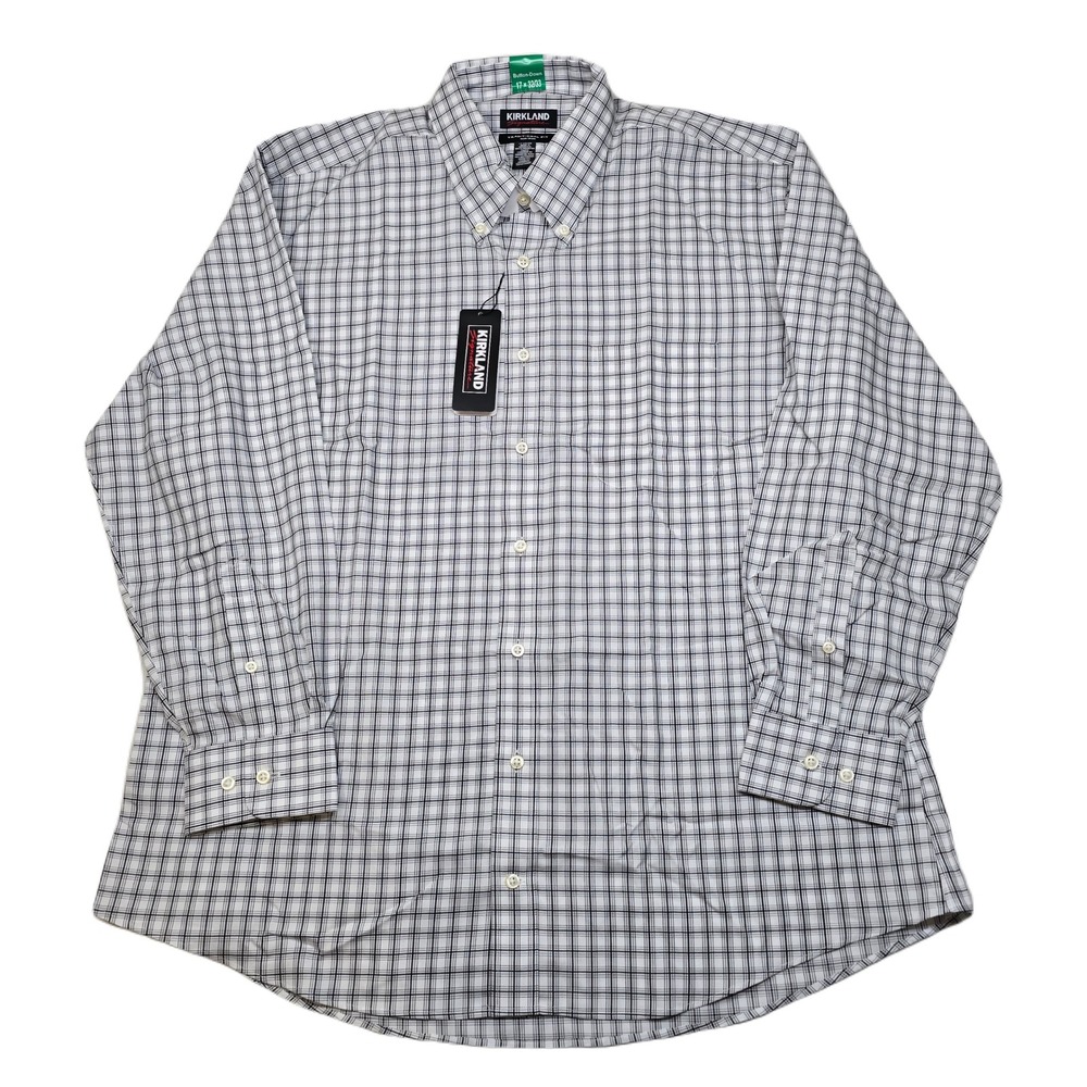 Kirkland Signature Pima Cotton Dress Shirt Mens‎ XL 17 32/33 Check Non-Iron NEW